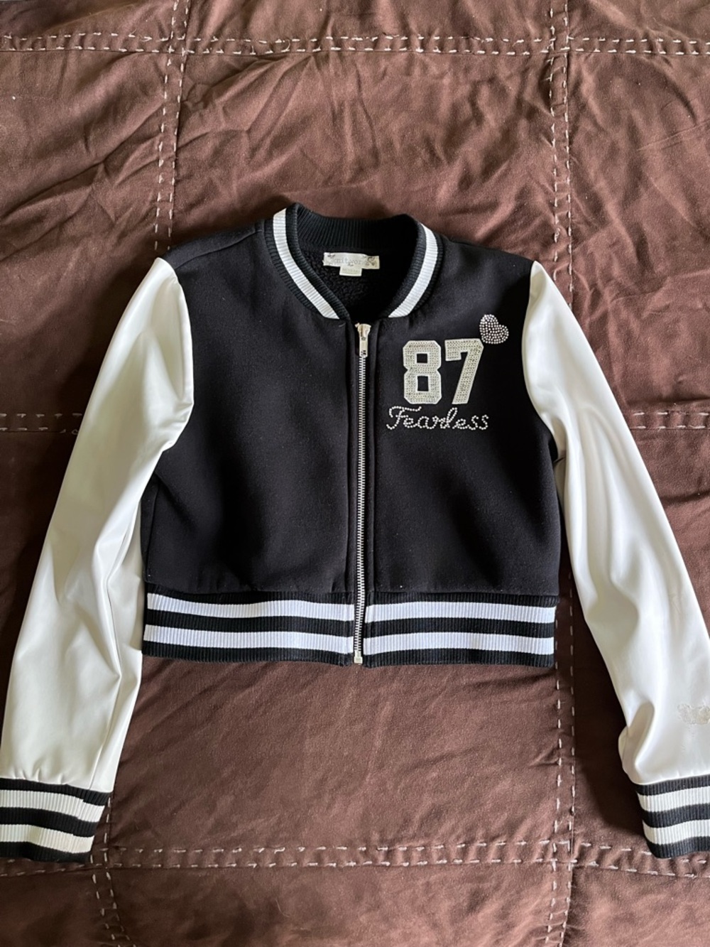 Knitworks Black & White Girls' Cropped Varsity Jacket